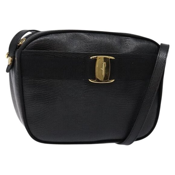 Salvatore Ferragamo Vala Shoulder Bag Leather embossed Navy Gold Auth BA5016 - Picture 1 of 16